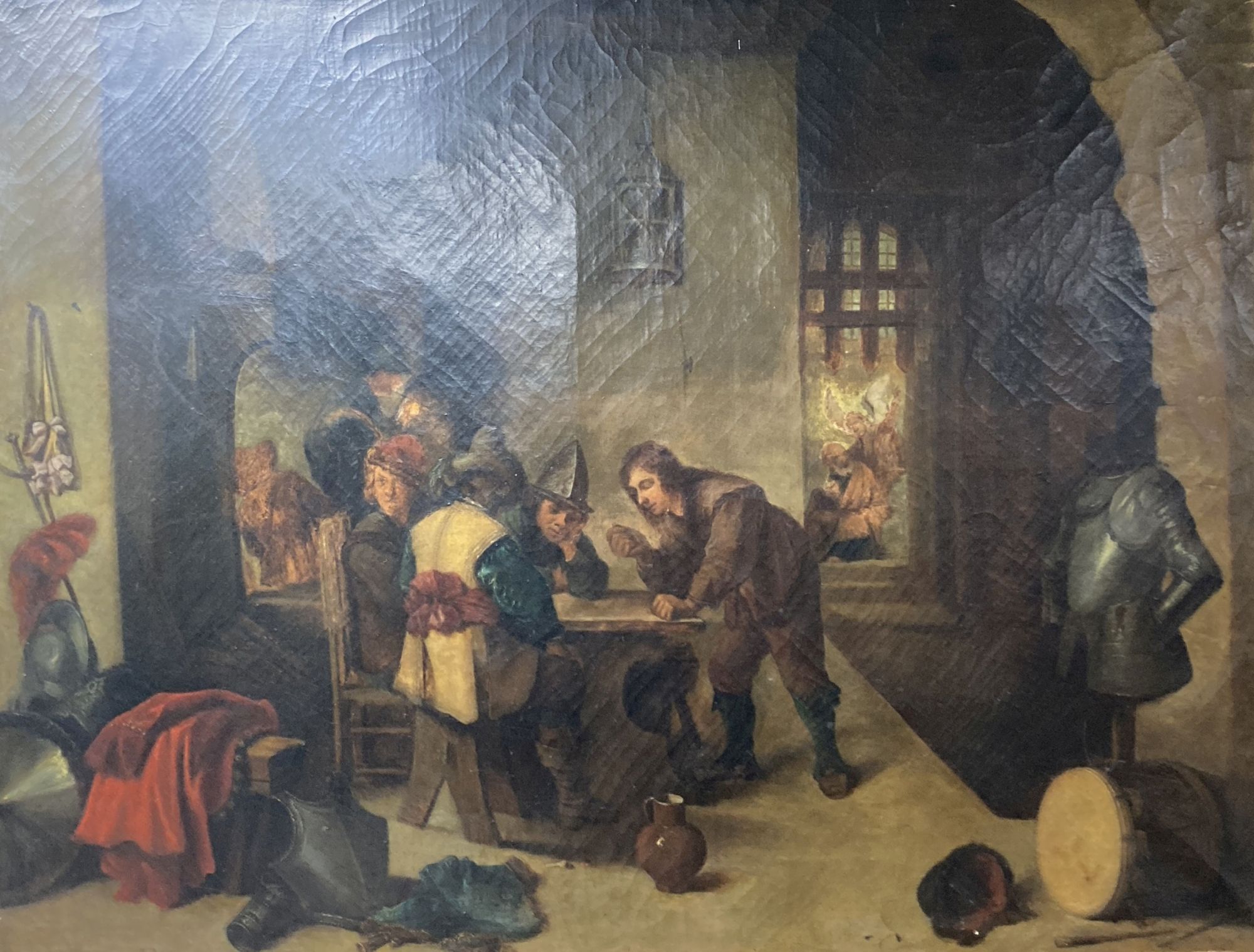 VD, oil on canvas, 17th century tavern scene with figure and angel beyond, monogrammed, 57 x 74cm